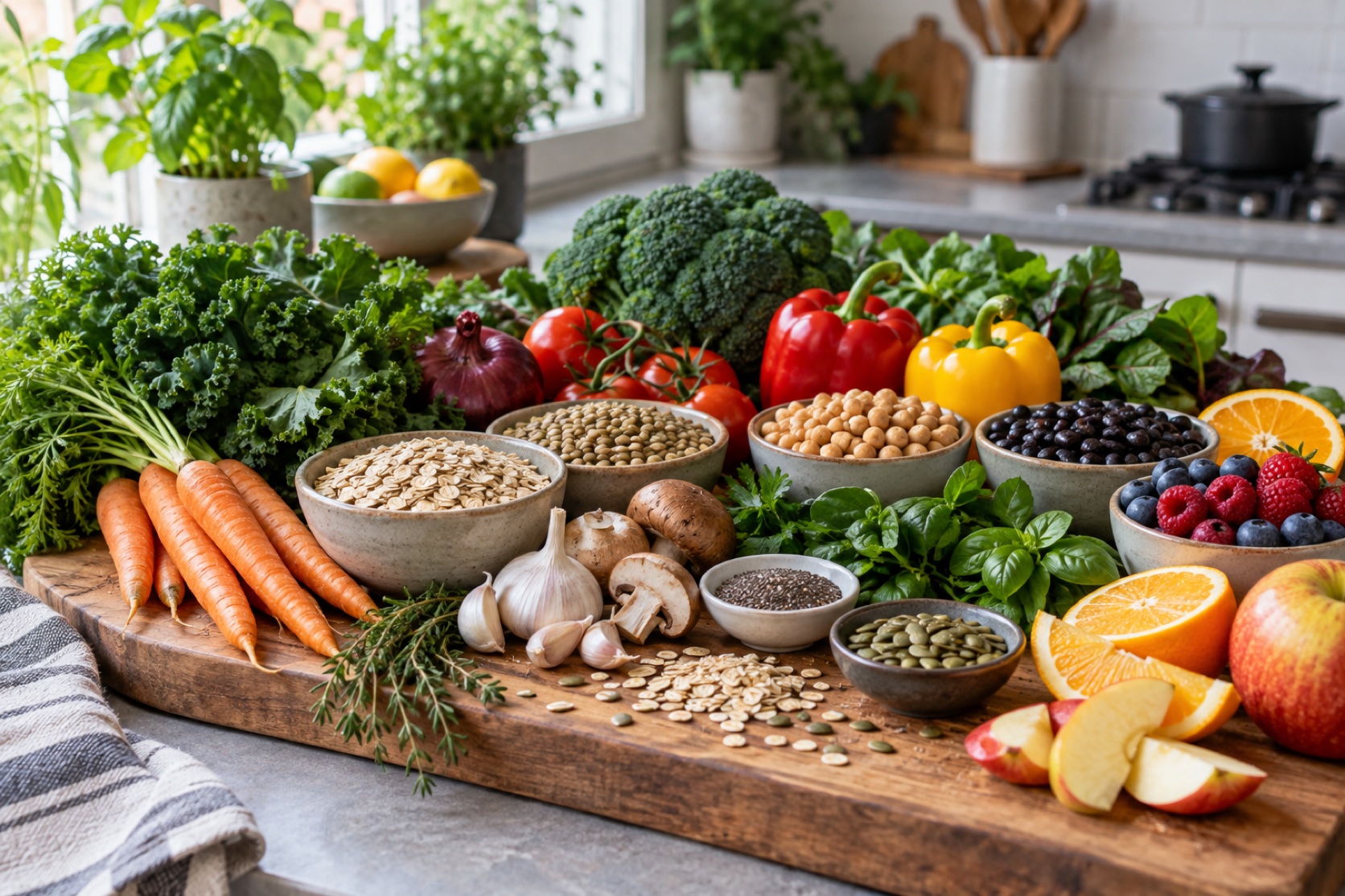 A varied selection of vegetables, beans, grains, herbs, and fruit sits on a kitchen board.
