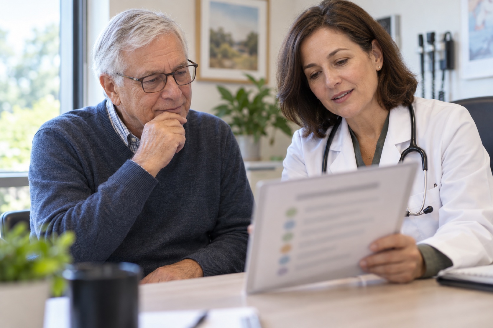 An older adult discusses a blurred prevention checklist with a clinician.