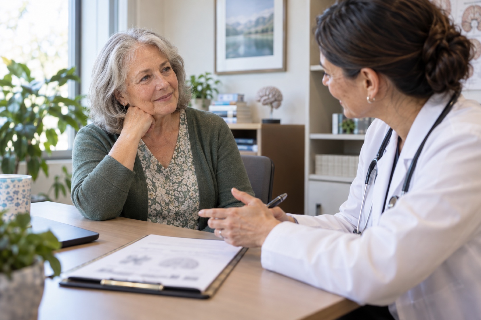 A woman talks with a clinician about a blurred cognitive screening form.