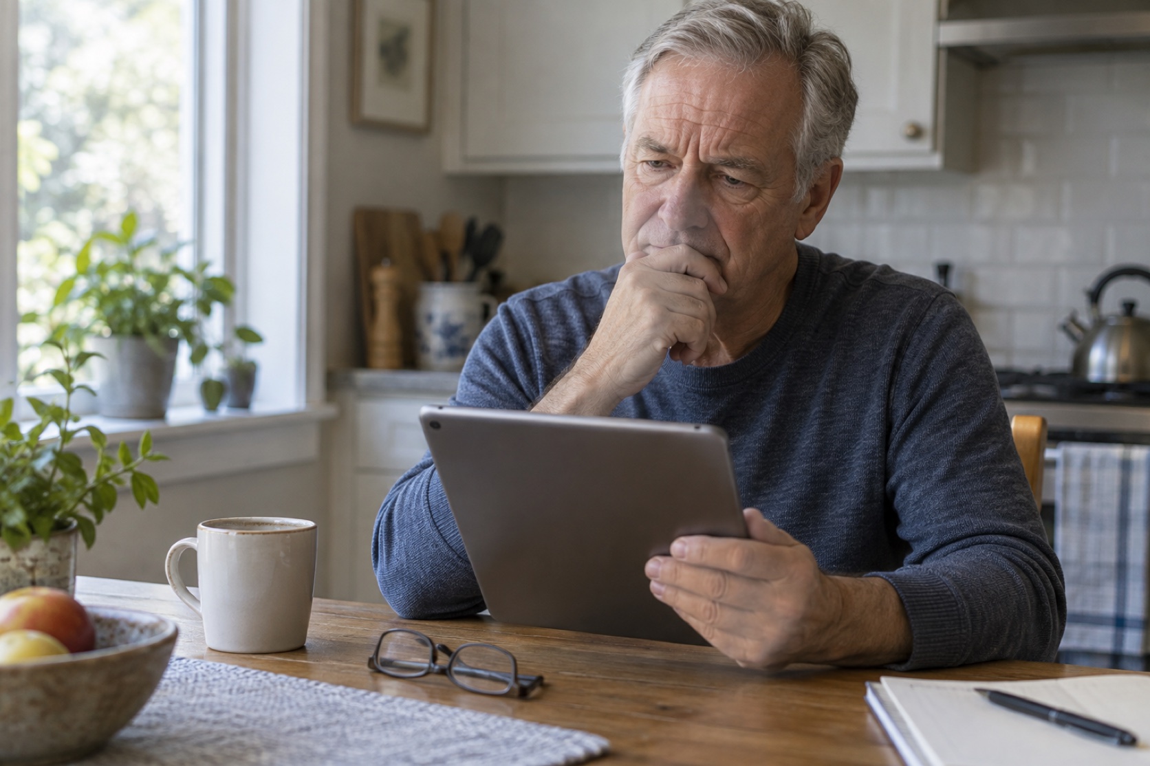 An older man uses a tablet at his kitchen table with the screen turned away.
