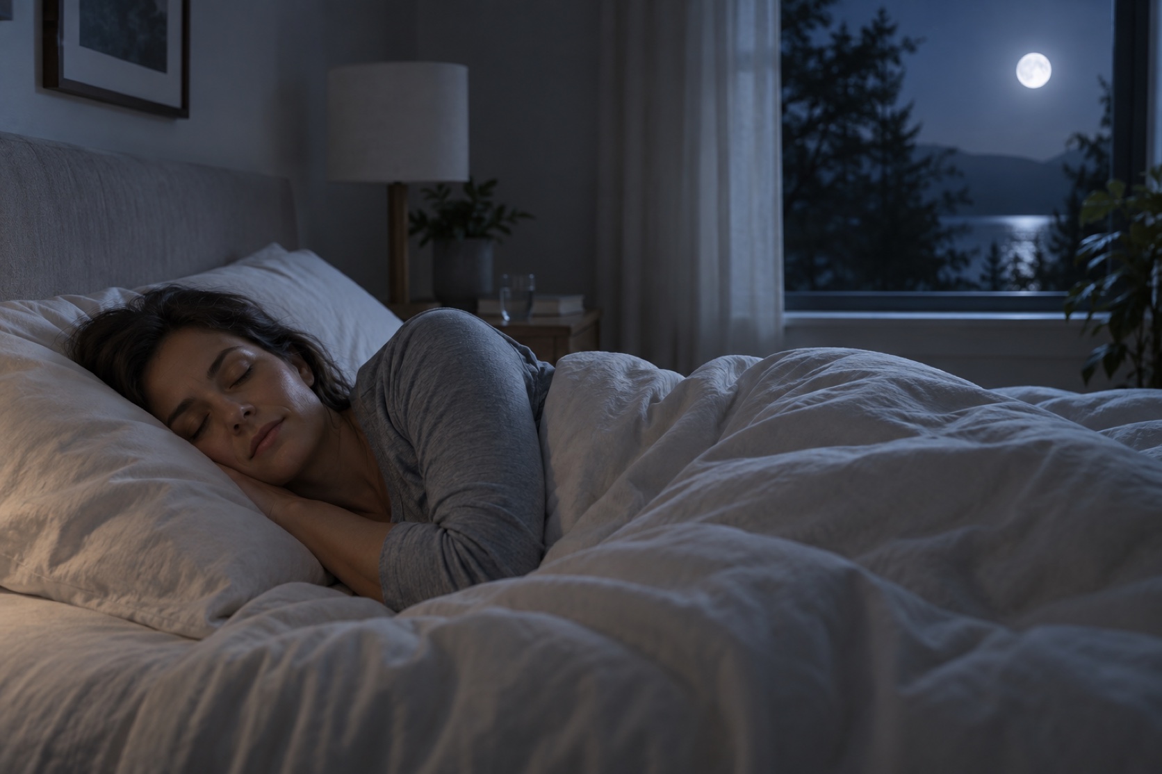 An adult sleeps peacefully on their side in a quiet bedroom.