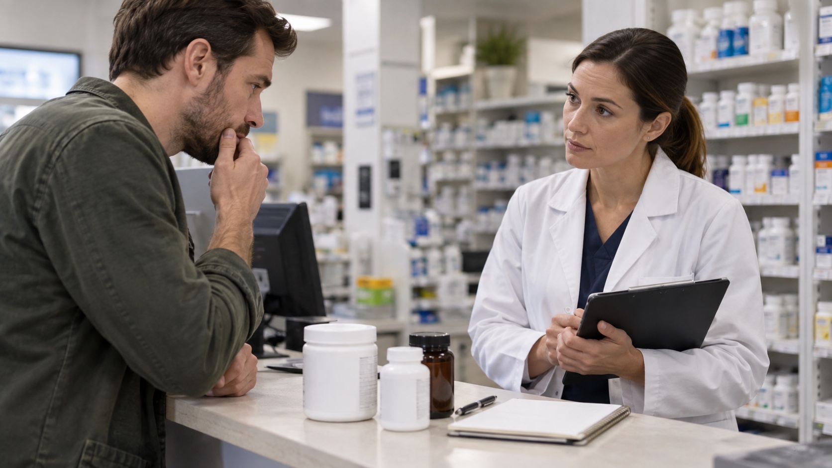 A person asks a pharmacist a question beside generic supplement containers.