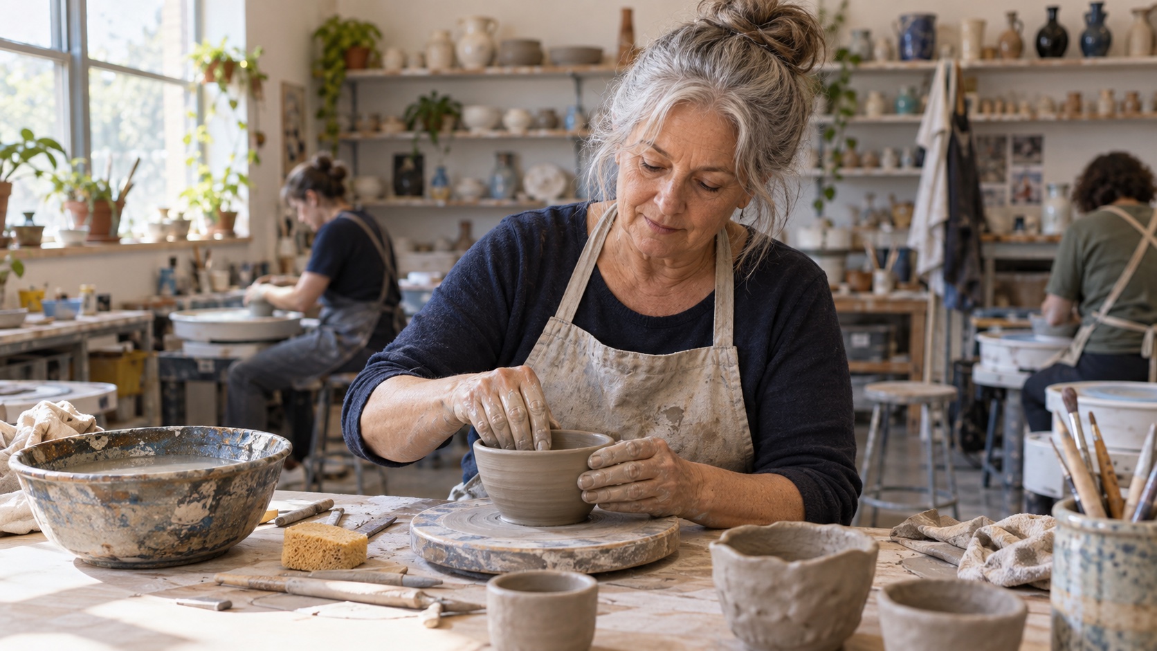 A woman tries a beginner pottery class at a community studio.