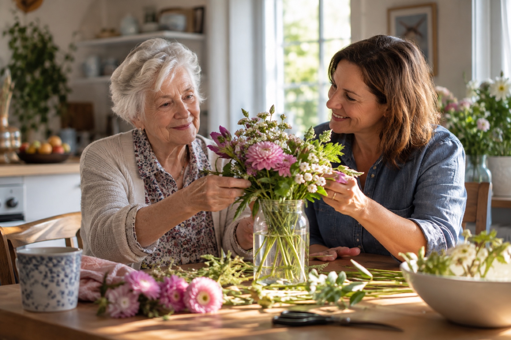 An older woman and family member arrange flowers together at a bright table.