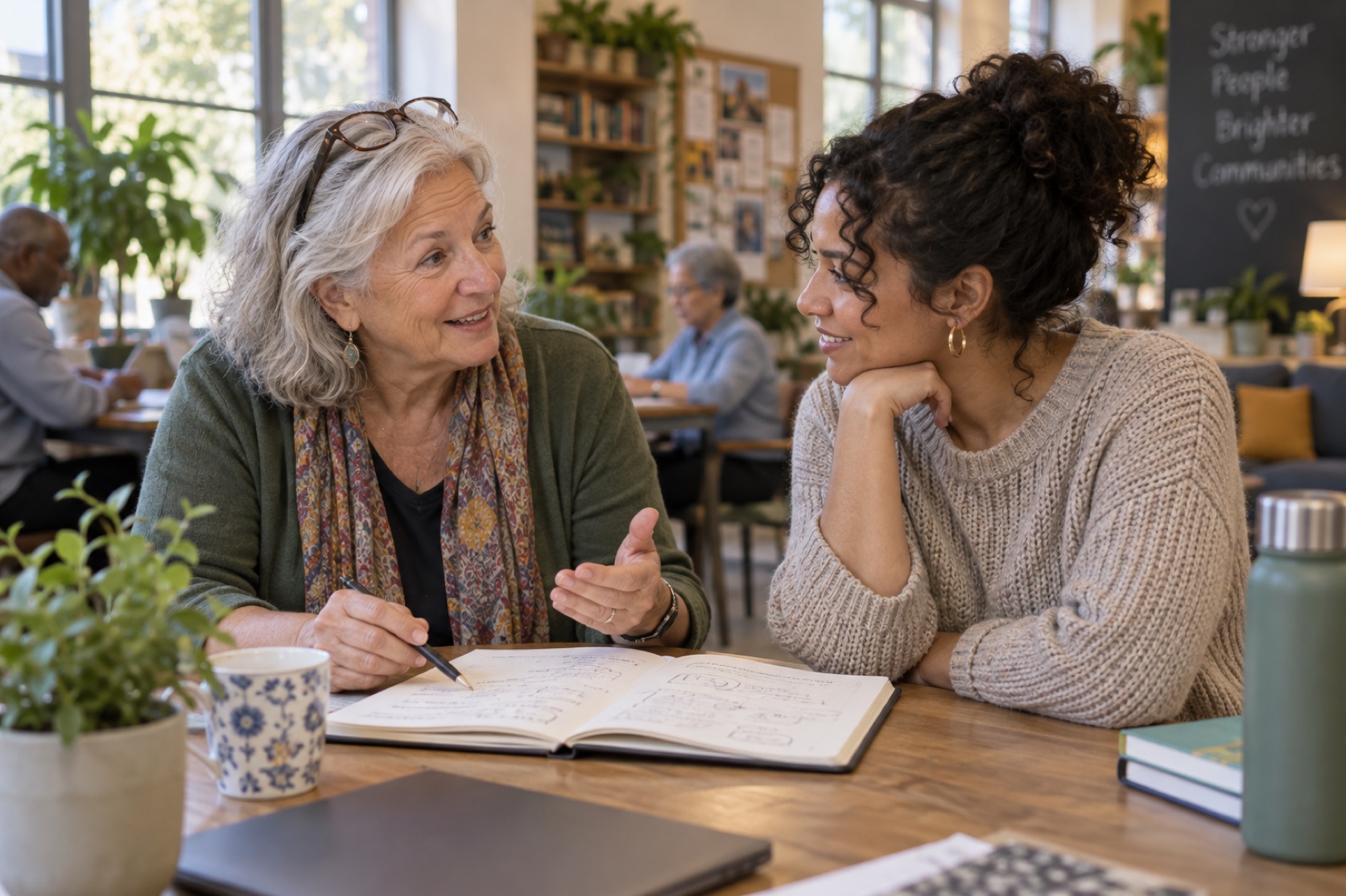 A woman speaks with a younger colleague in a community workspace.