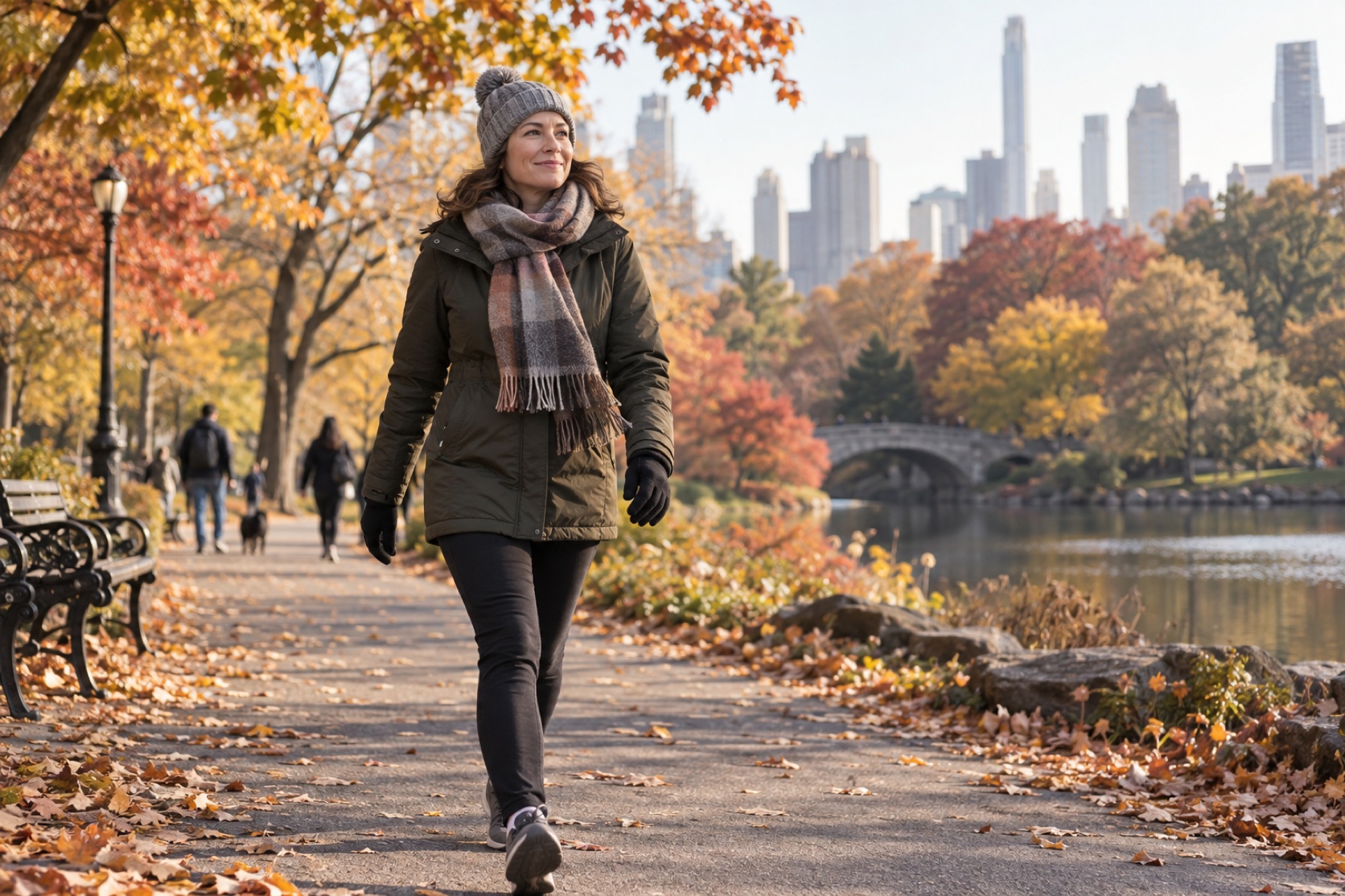 A bundled woman walks on a cool autumn morning.