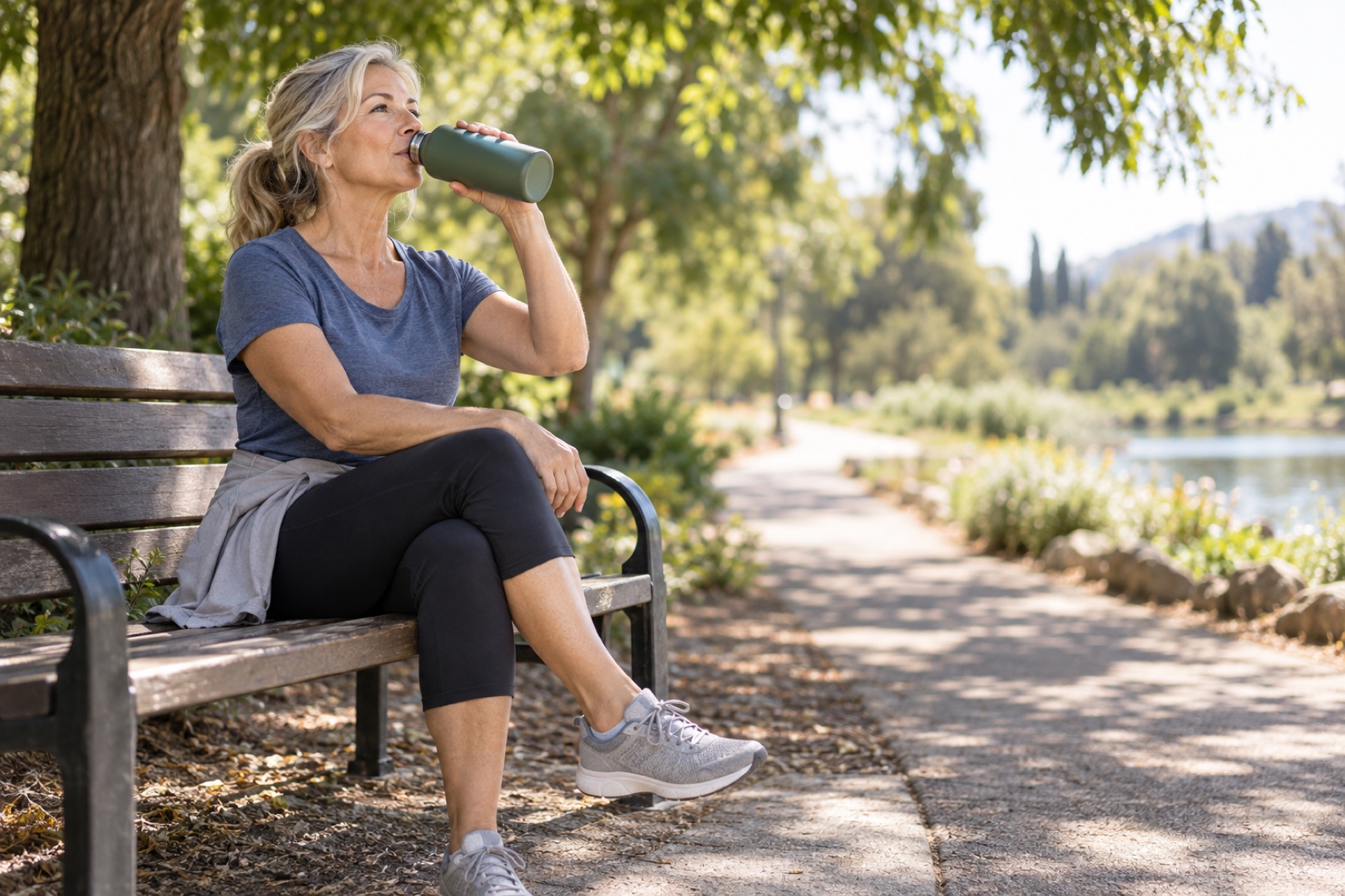 A woman drinks water in the shade after a moderate walk.