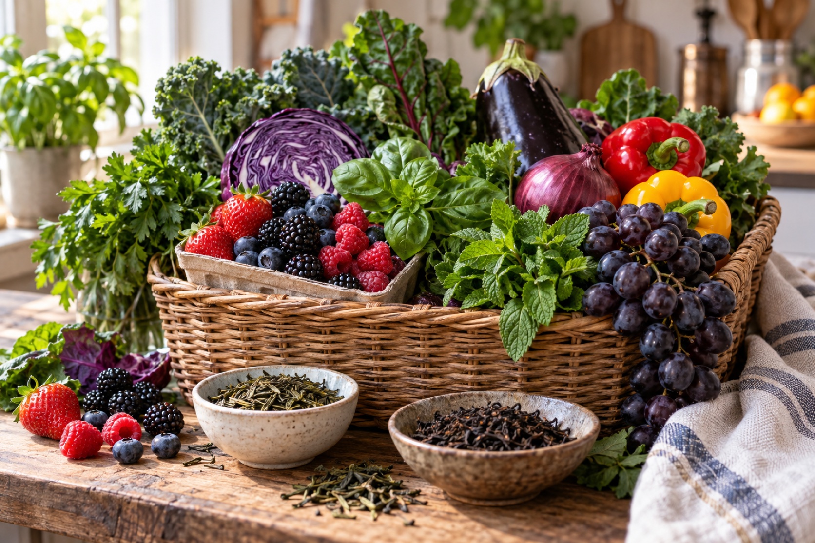 A market basket holds berries, herbs, grapes, tea leaves, and vegetables.