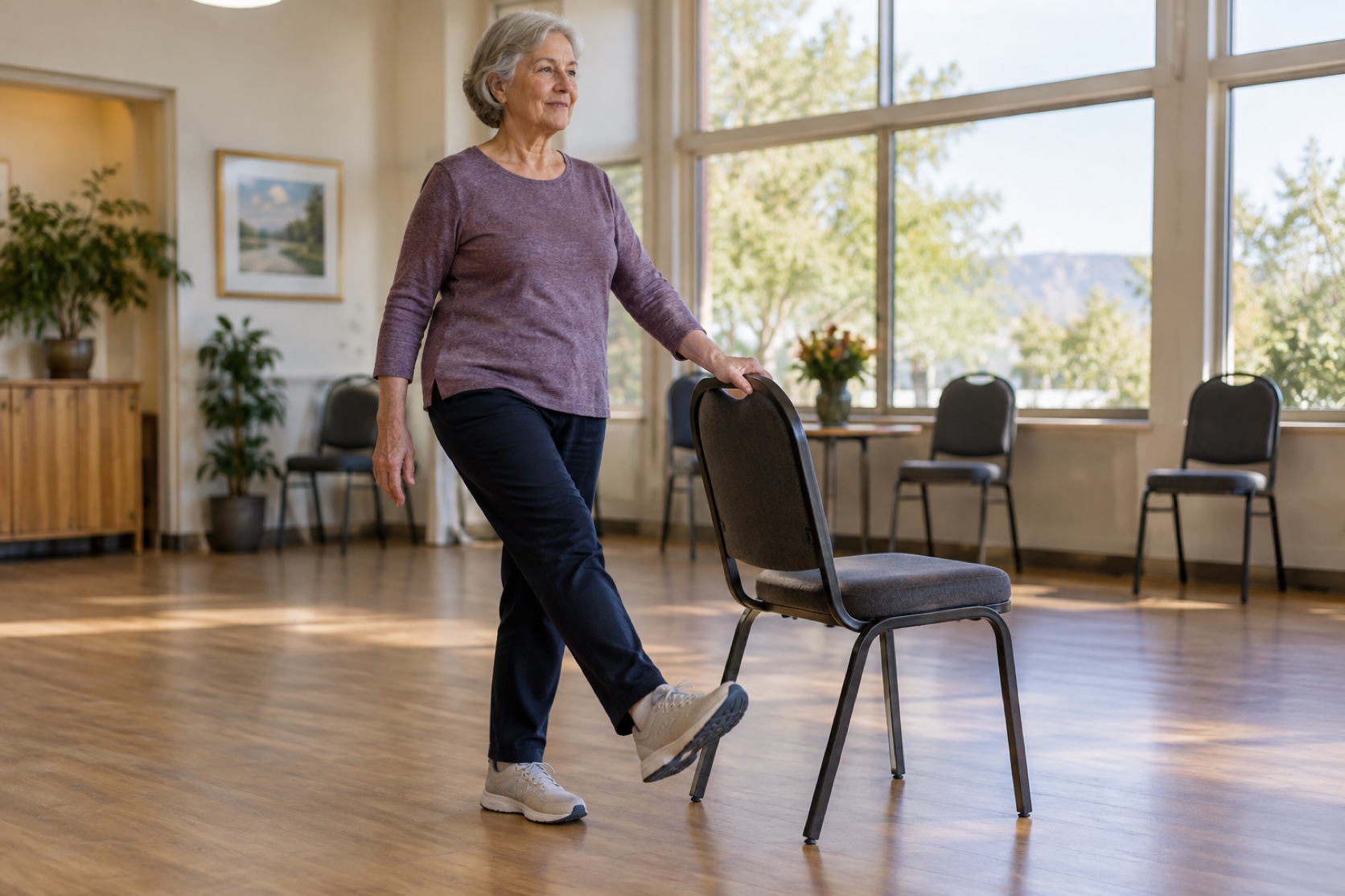 A woman practices supported balance beside a sturdy chair in a bright community room.
