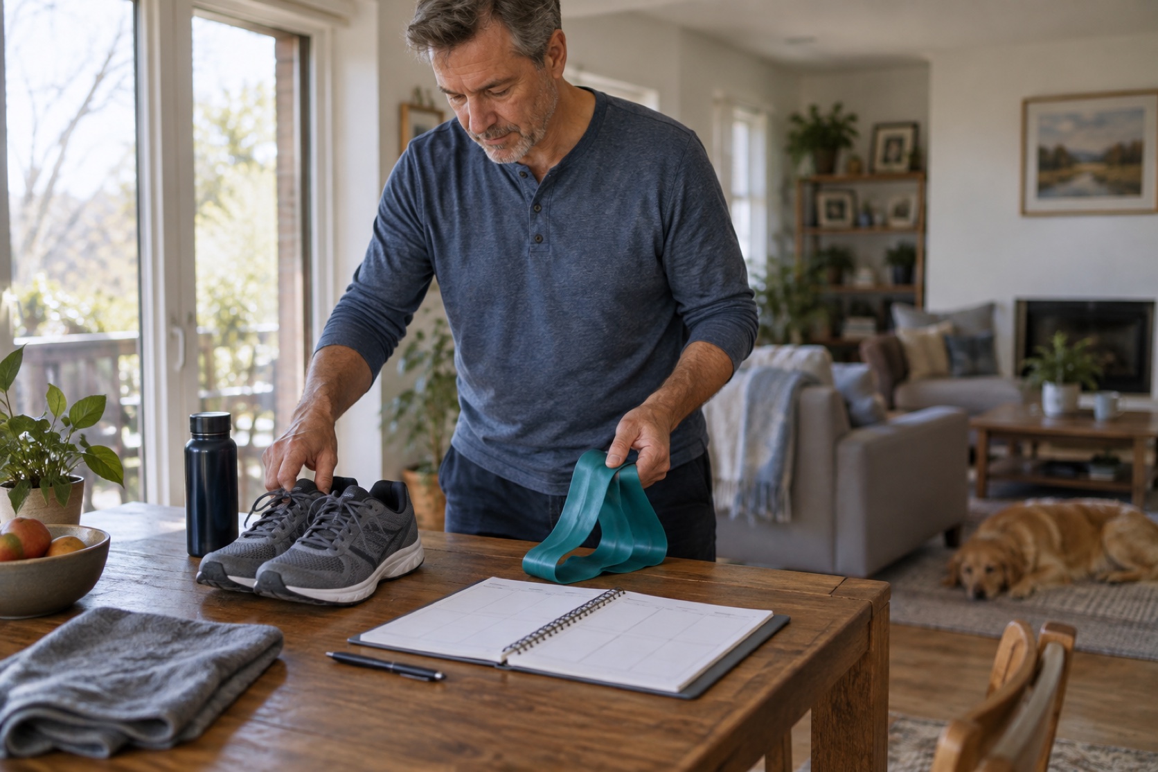A man lays out walking shoes and a resistance band beside a blank weekly planner.