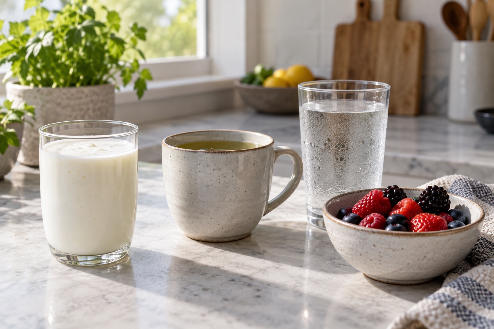 Plain kefir, brewed tea, water, and berries sit on a kitchen counter.