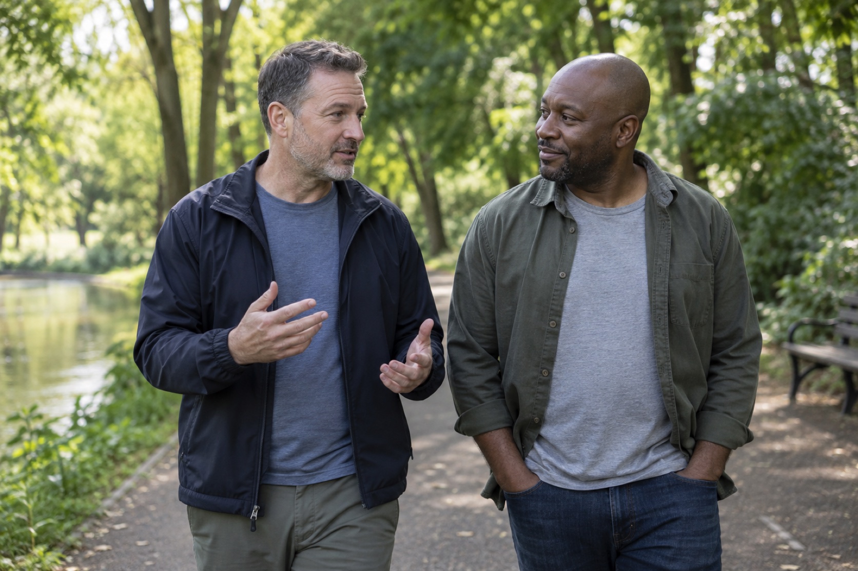 Two men talk during a relaxed walk in a quiet park.