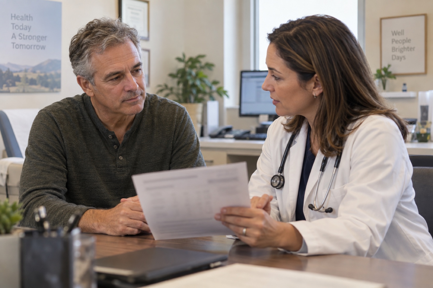 A man discusses a blurred screening form with a clinician.