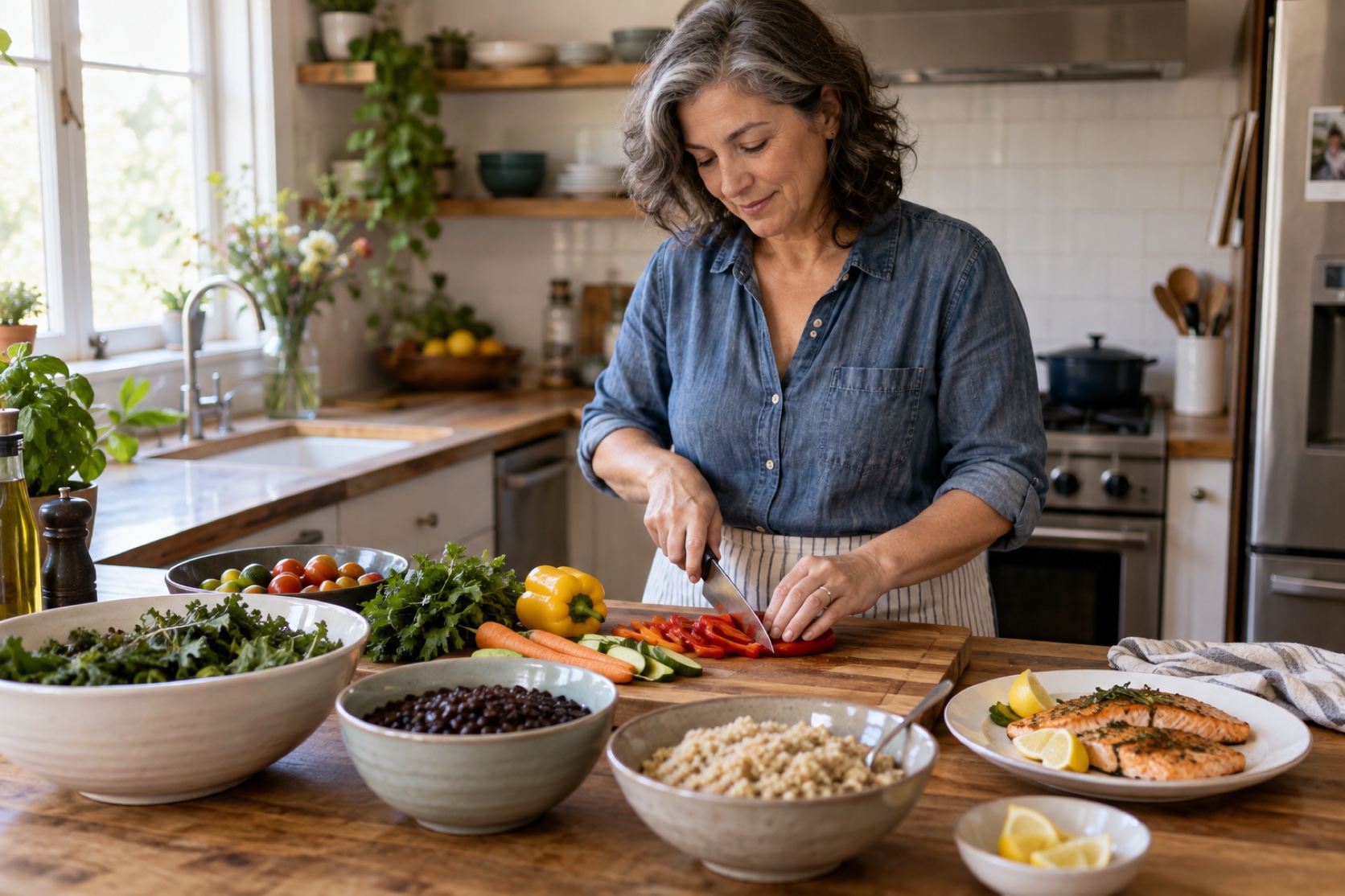 A woman prepares a meal with vegetables, beans, grains, and fish.