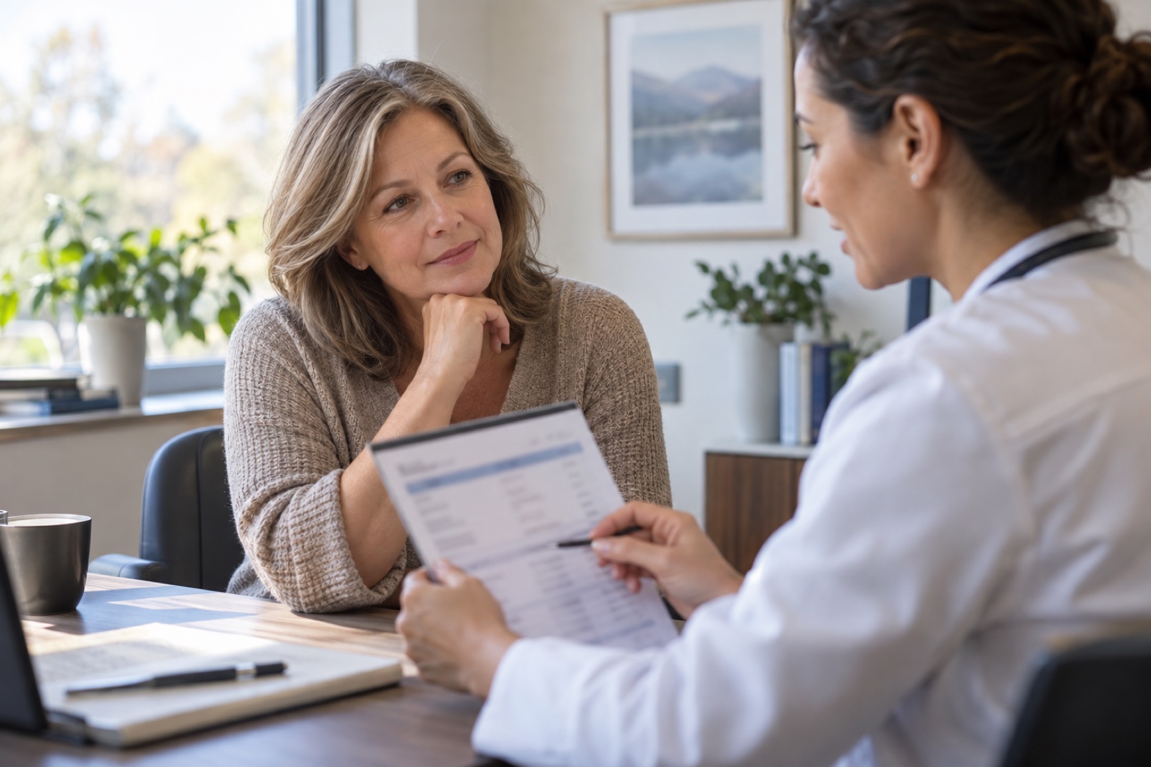 A woman listens as a clinician explains a blurred lab report.