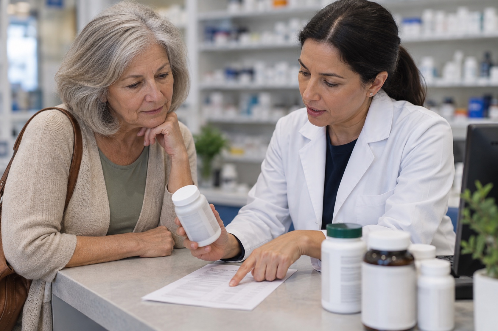 An older woman and pharmacist review a blurred product label together.