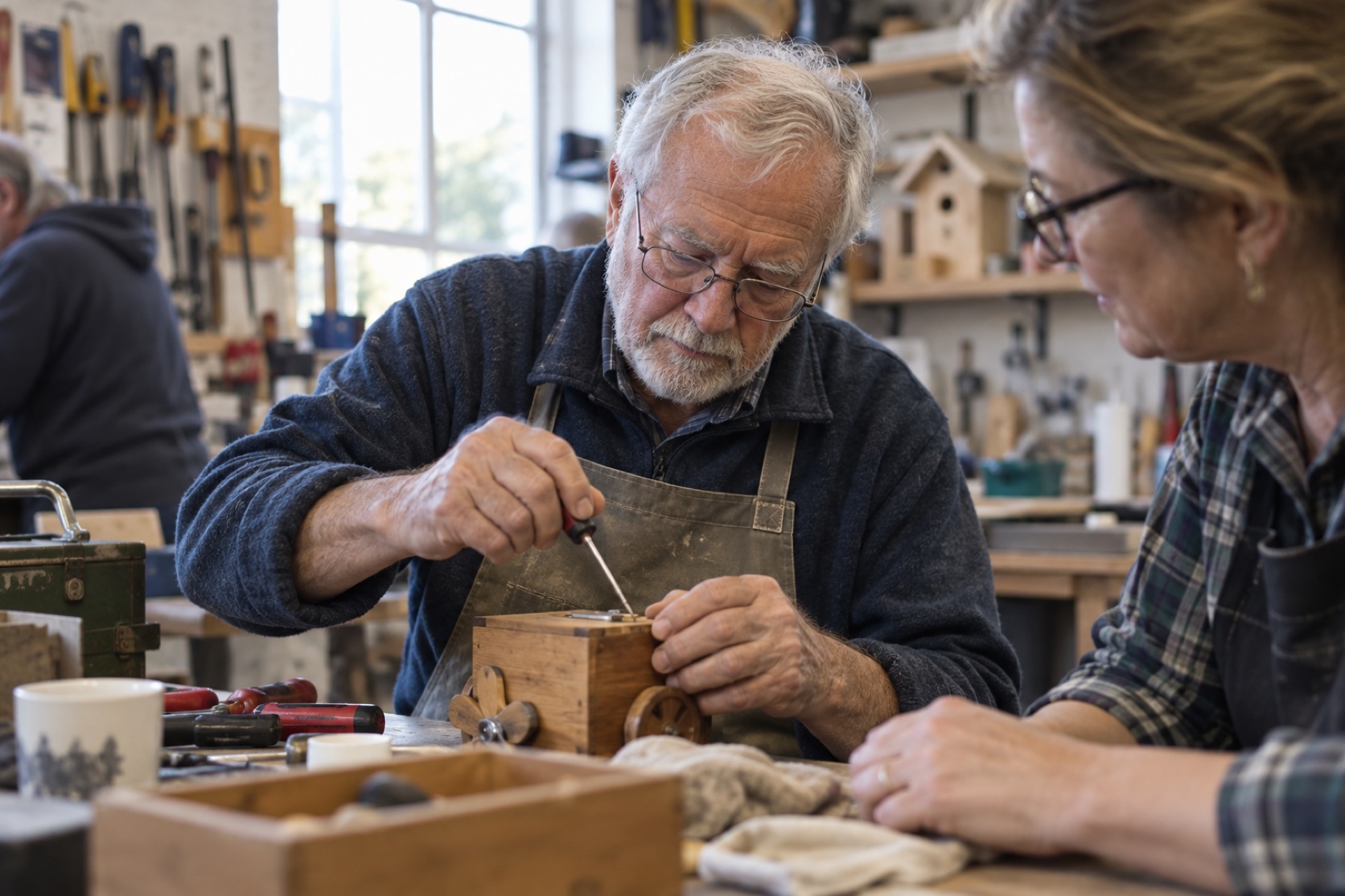 An older man works on a small repair project at a community workshop.