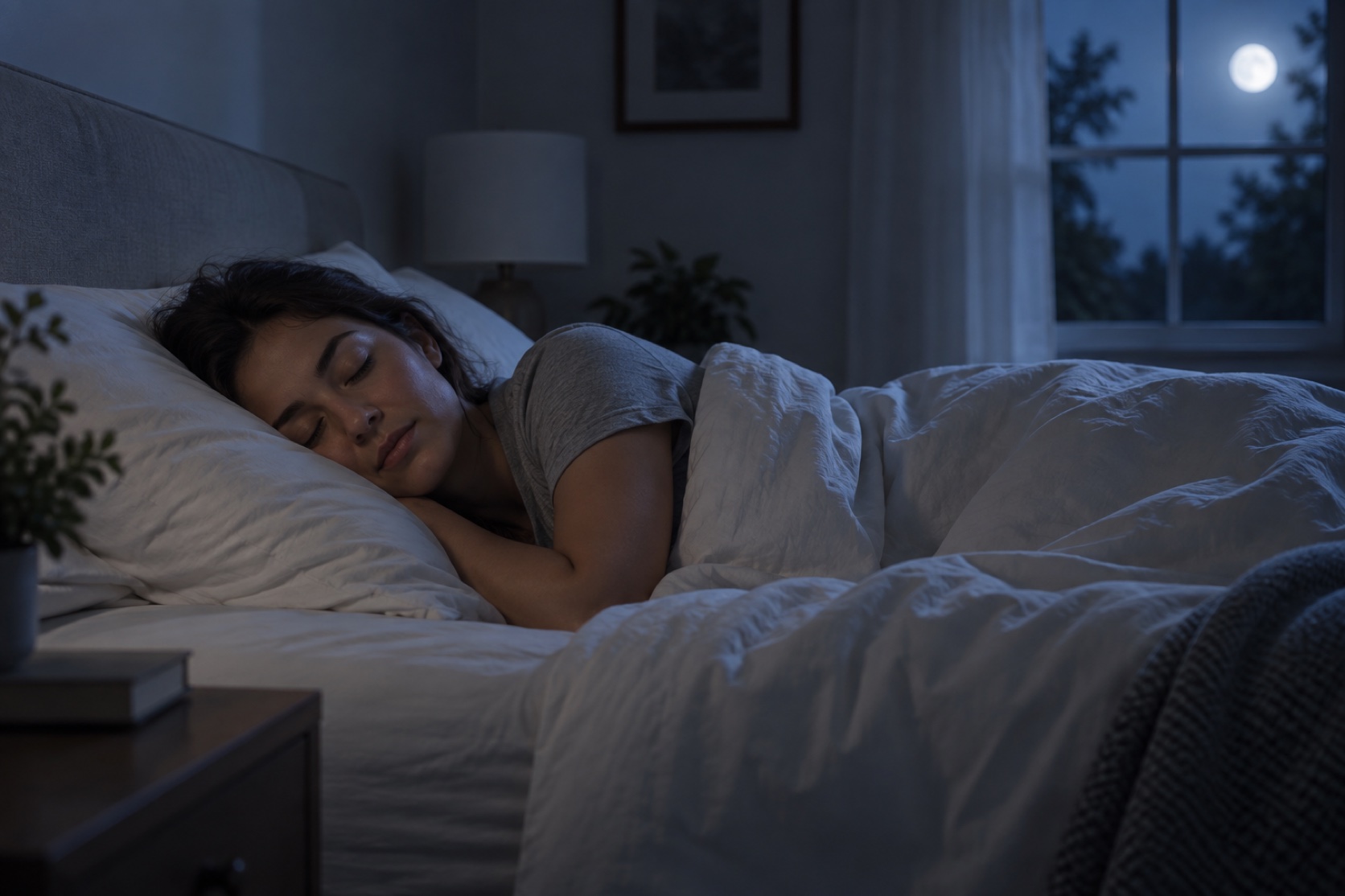 An adult sleeps peacefully in a simply furnished bedroom.
