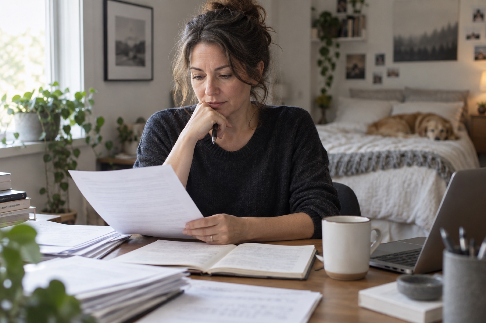 A researcher reviews papers and a notebook at a desk; the writing is not legible.