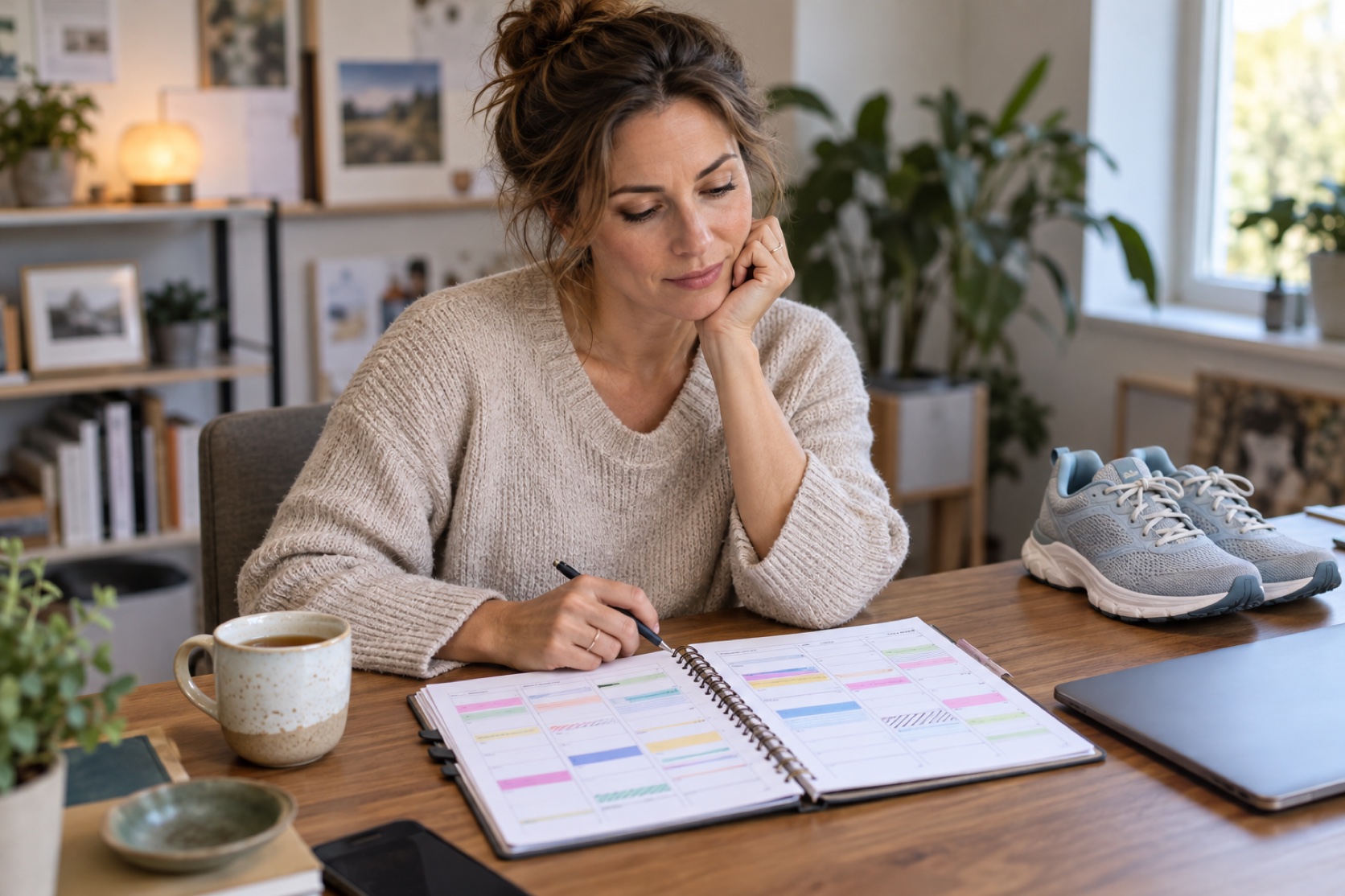 A woman reviews a blank weekly planner beside running shoes.