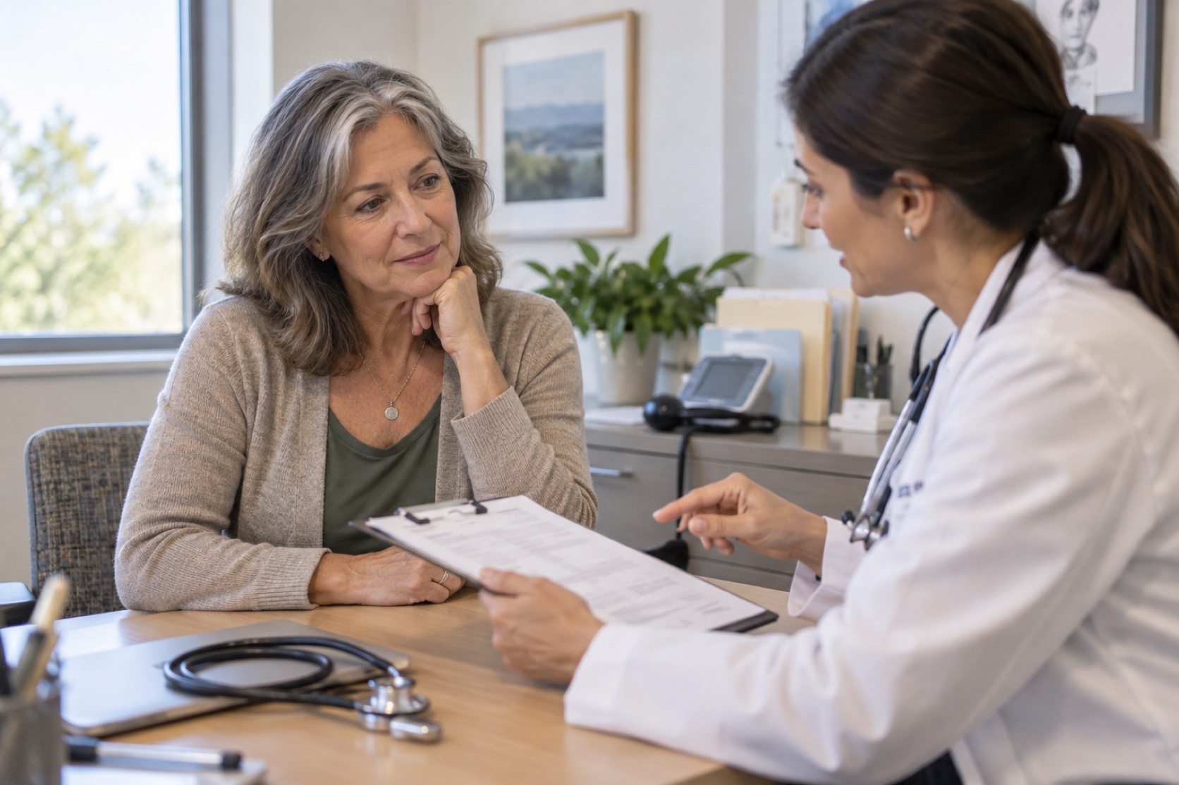 A woman discusses a blurred health form with a clinician.