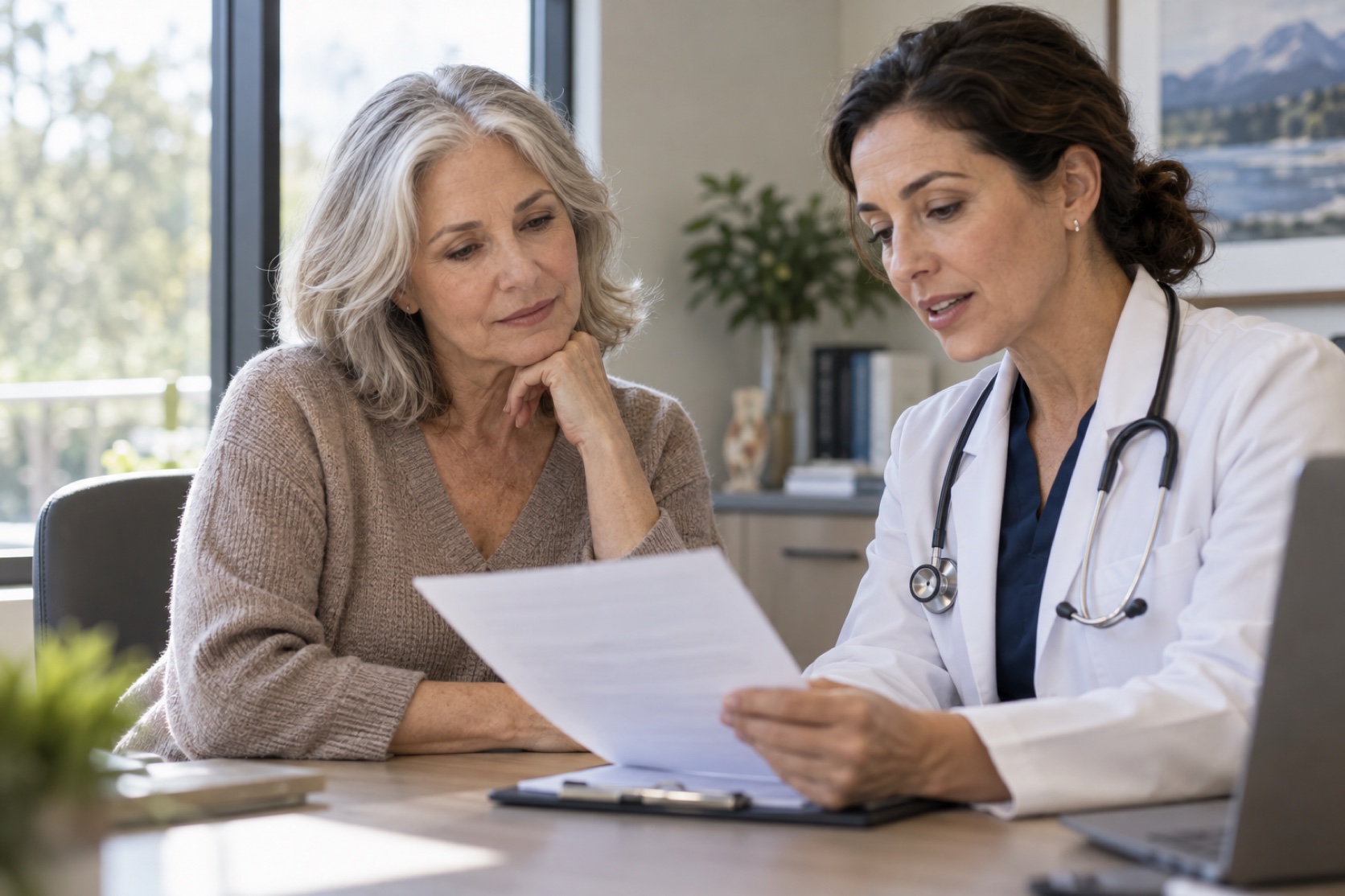 A woman and clinician review an information sheet in a calm office.