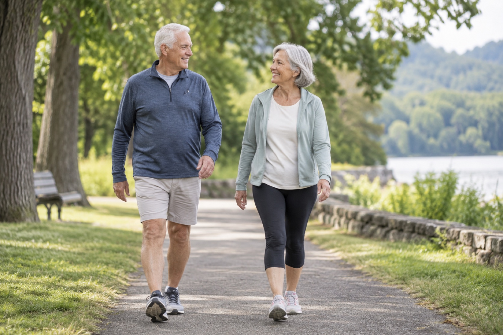 An older adult takes a steady walk on a level park path with a companion.