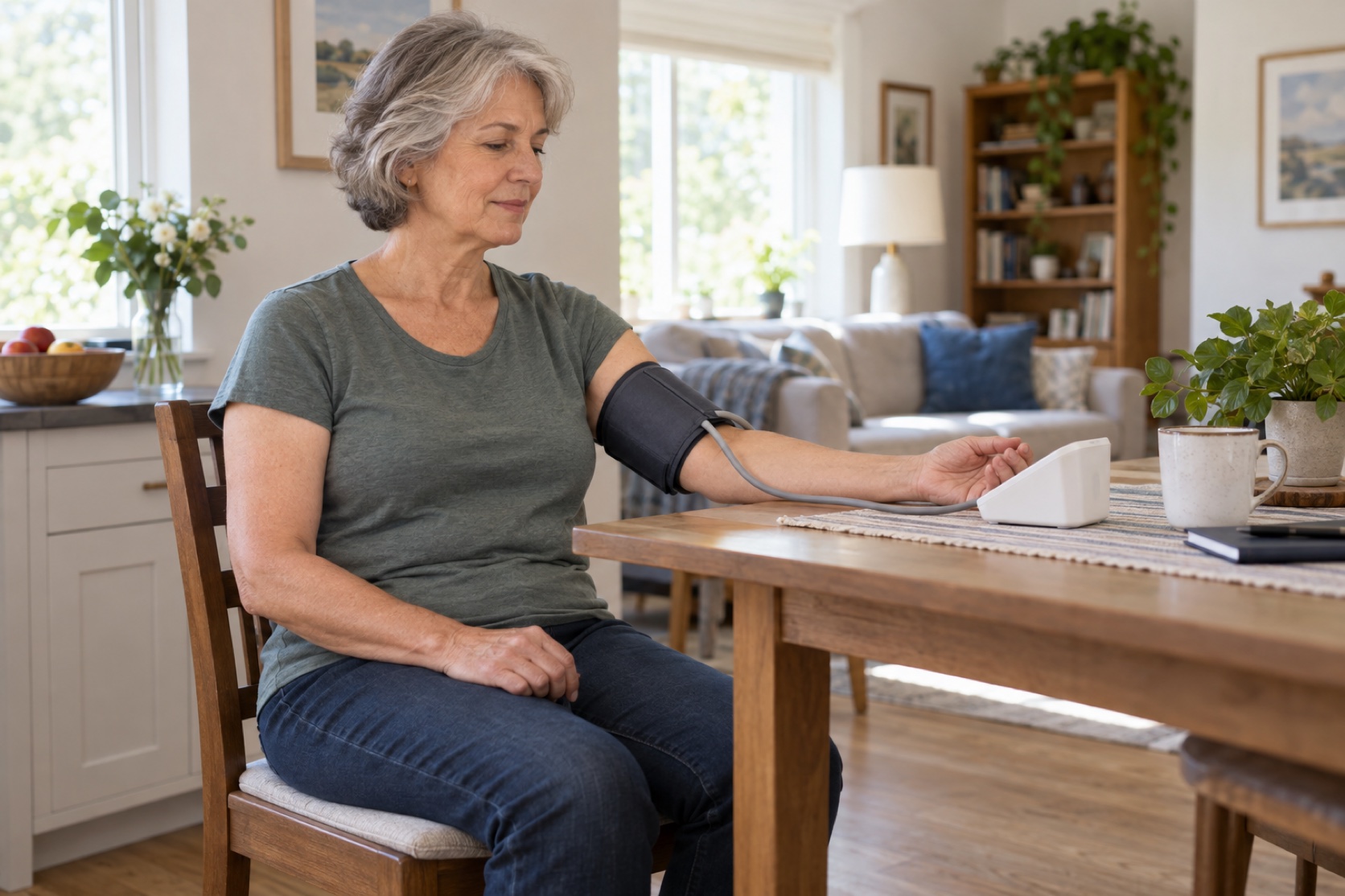 An older adult sits with an upper-arm blood pressure cuff positioned at a table.
