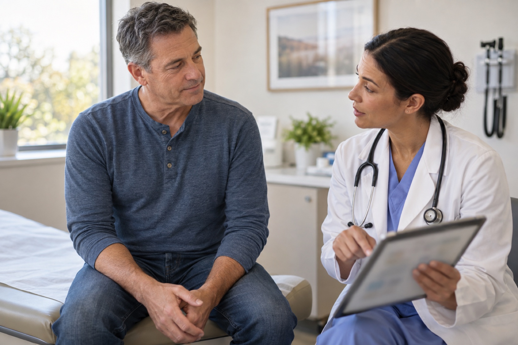 A man speaks with a clinician in a calm exam room.