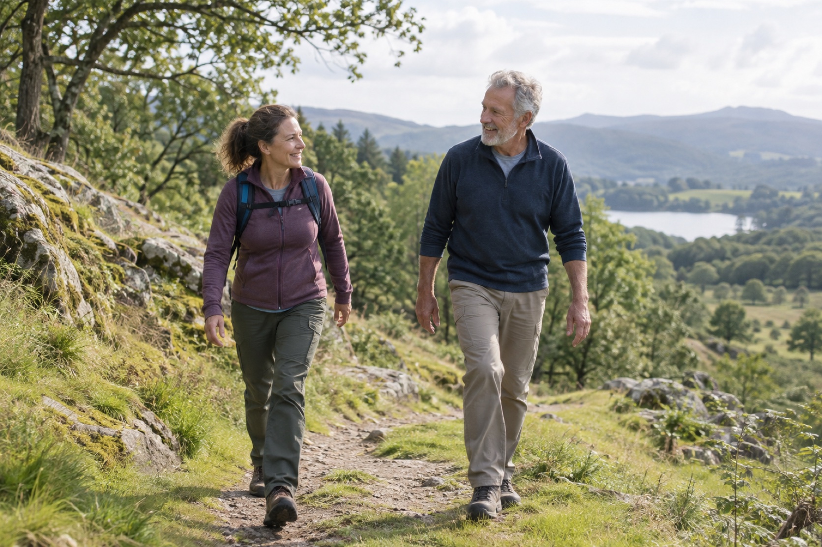 Two adults walk on a gently rolling trail; one wears a modest daypack.
