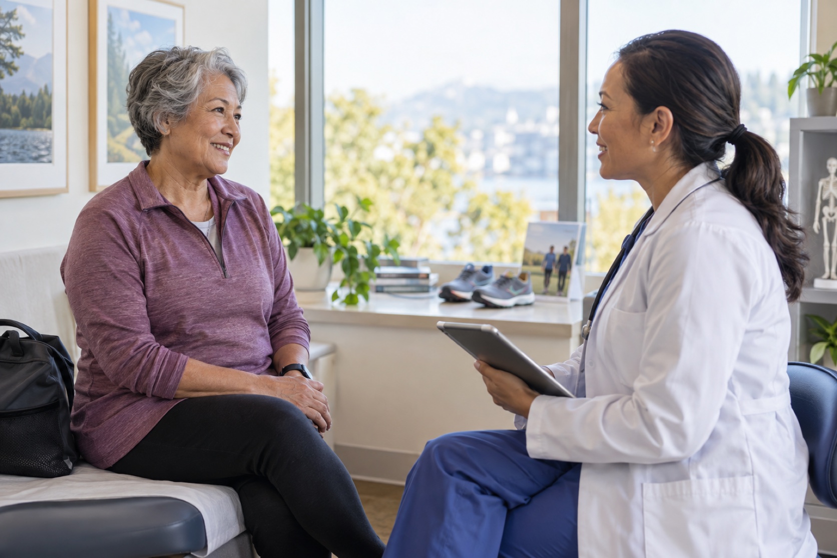 A man and clinician discuss starting an exercise routine in a calm office.