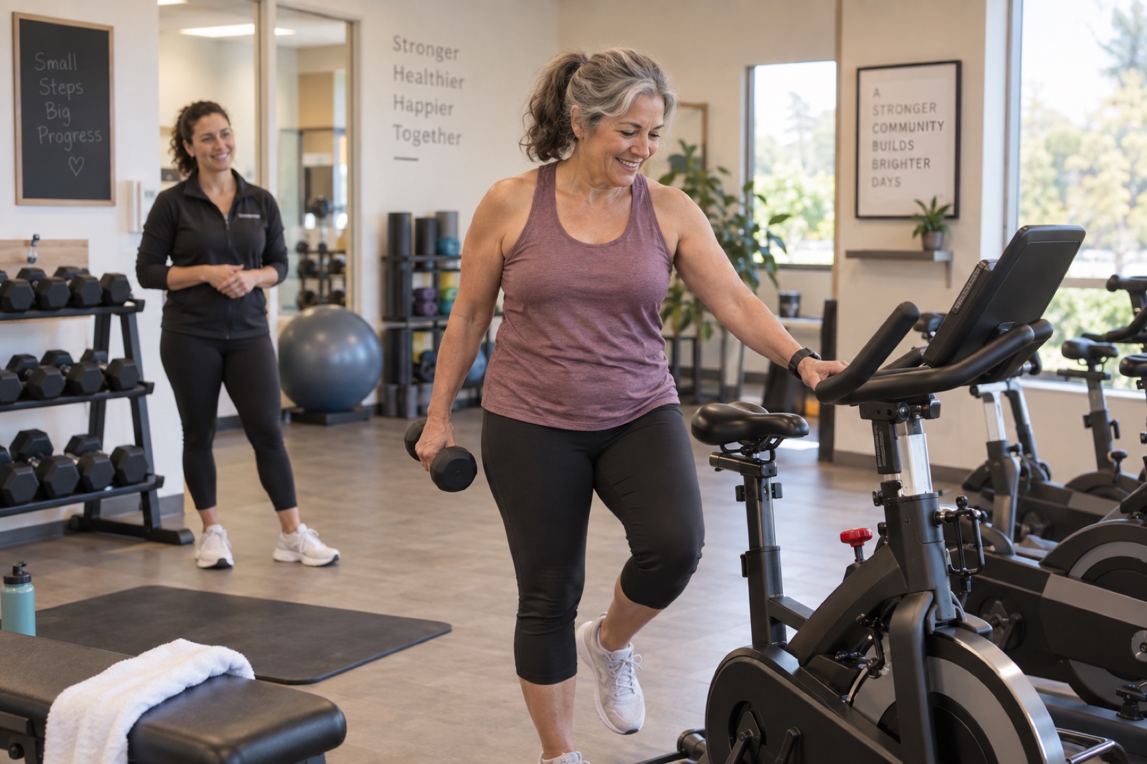 A woman alternates a light dumbbell exercise with a stationary bike in a community gym.