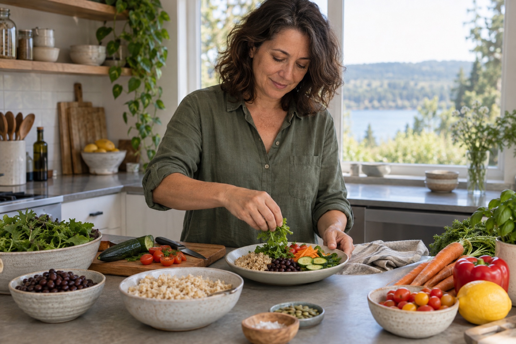 A woman prepares a simple lunch in a home kitchen.