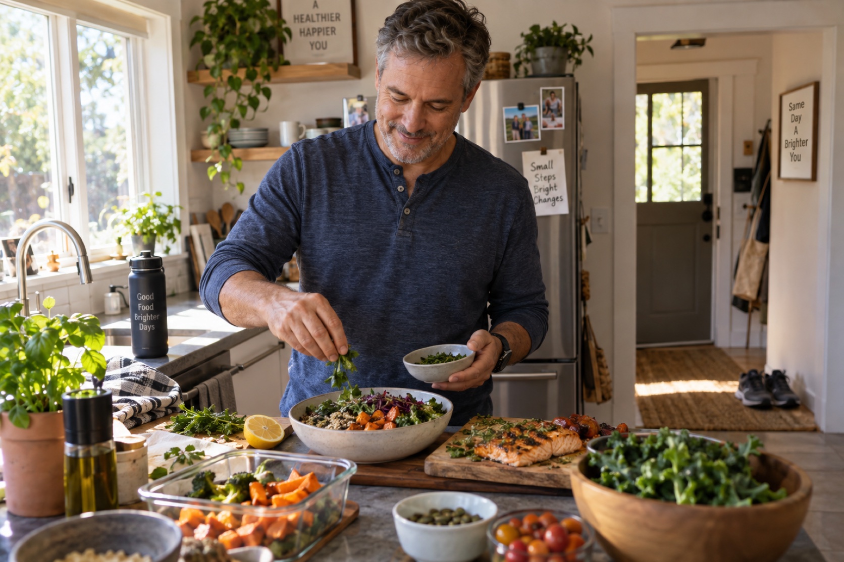 A man prepares a meal at home and sets walking shoes nearby.