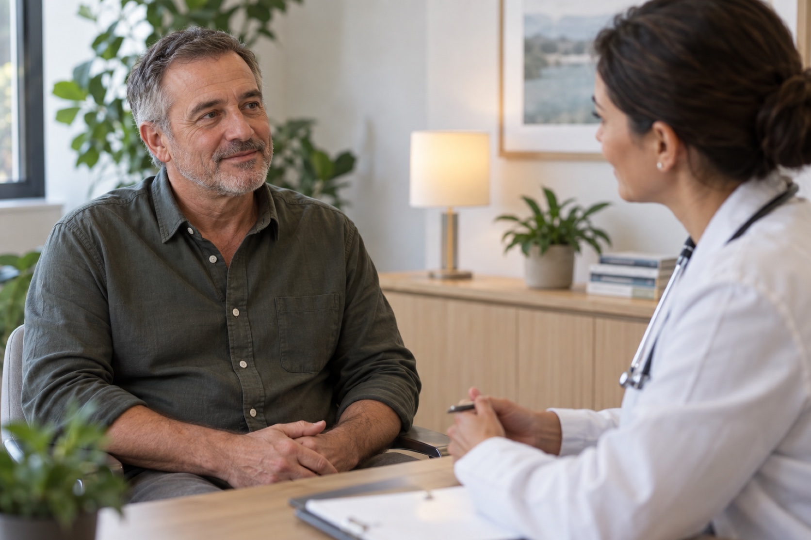 A man discusses digestive symptoms with a clinician in a calm office.