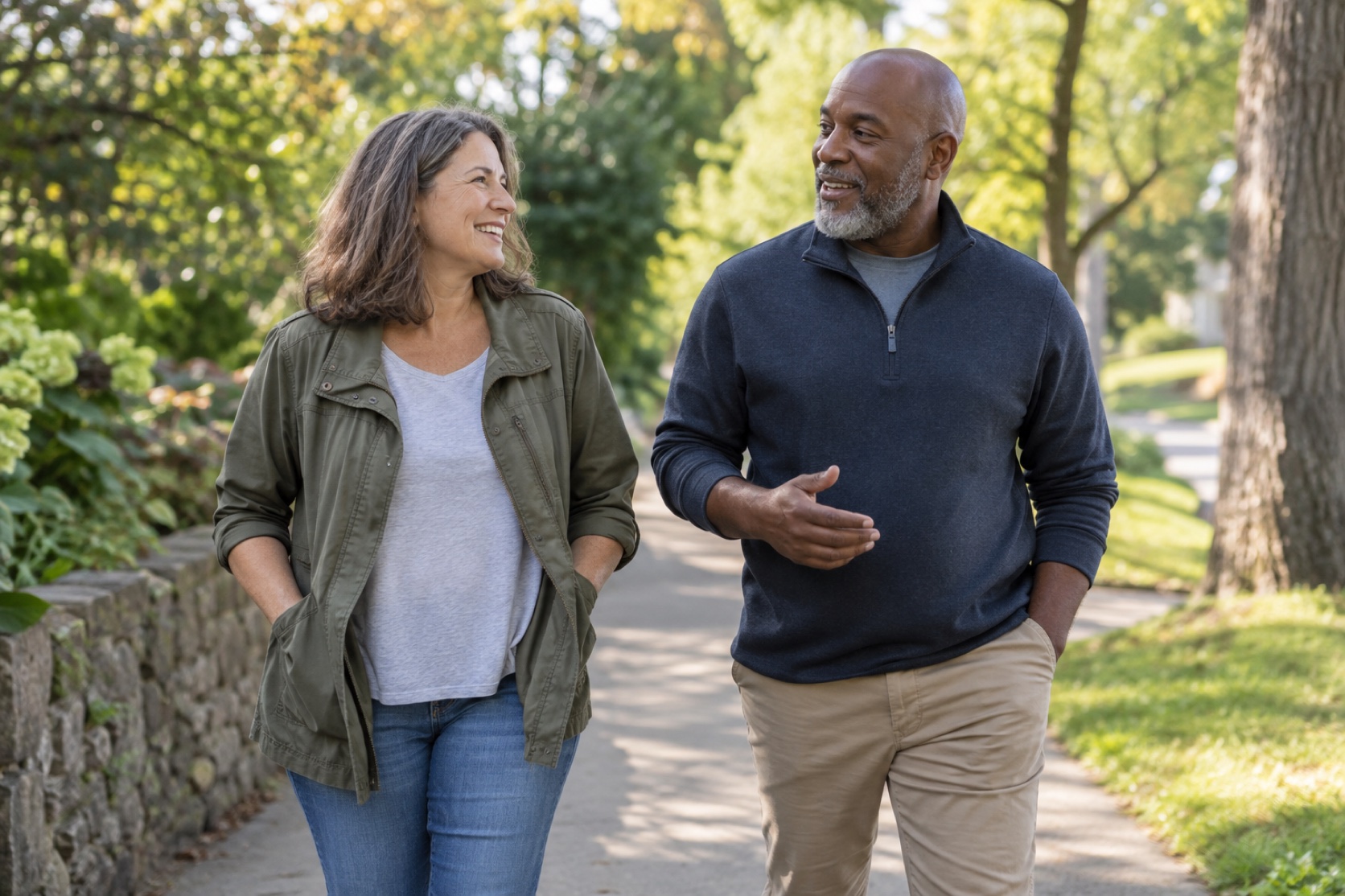 Two friends meet for a relaxed neighborhood walk.