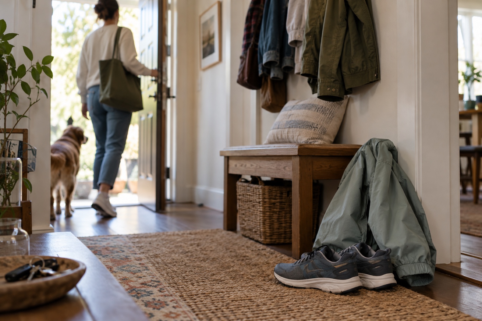 Walking shoes and a light jacket are placed by a home entryway.