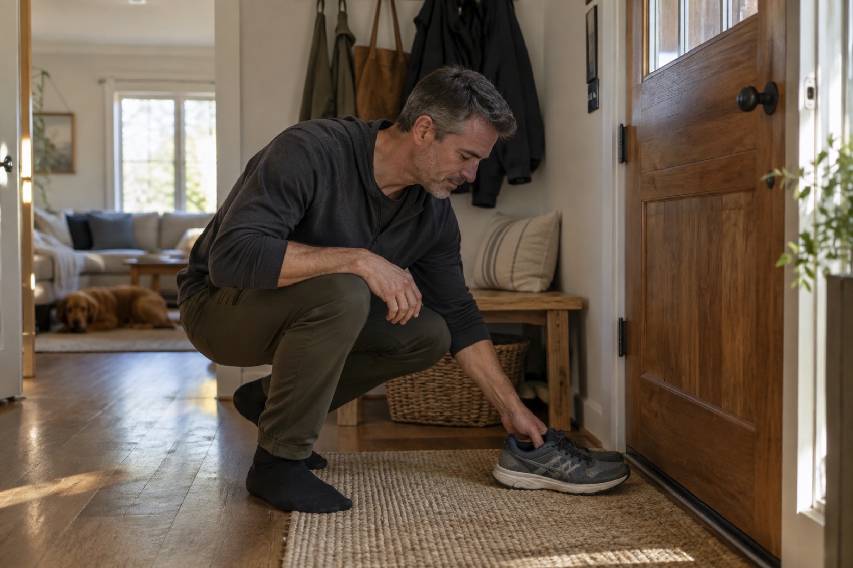 A man puts on walking shoes near the front door.