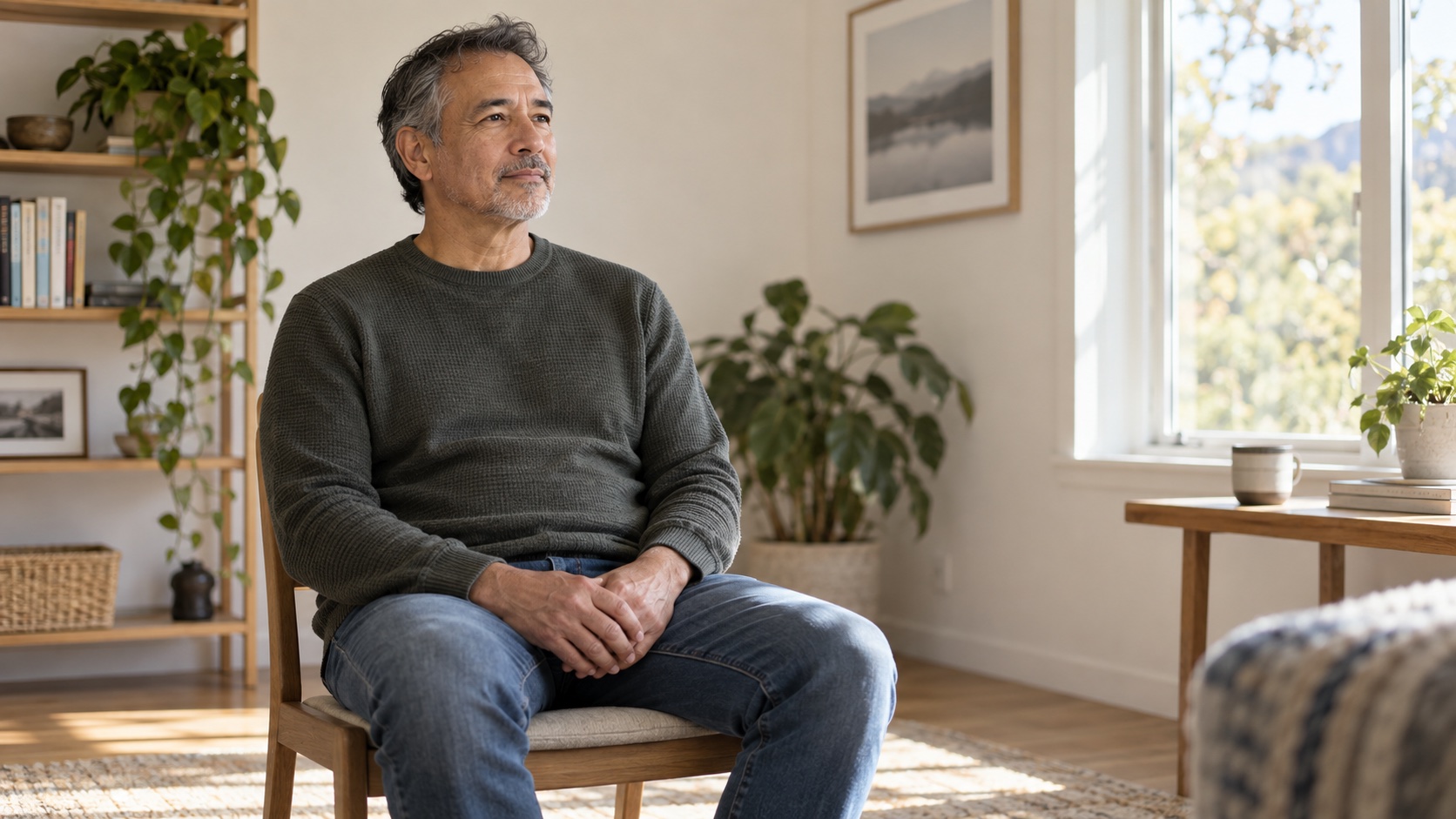 A man sits quietly on a chair in a sunlit room.