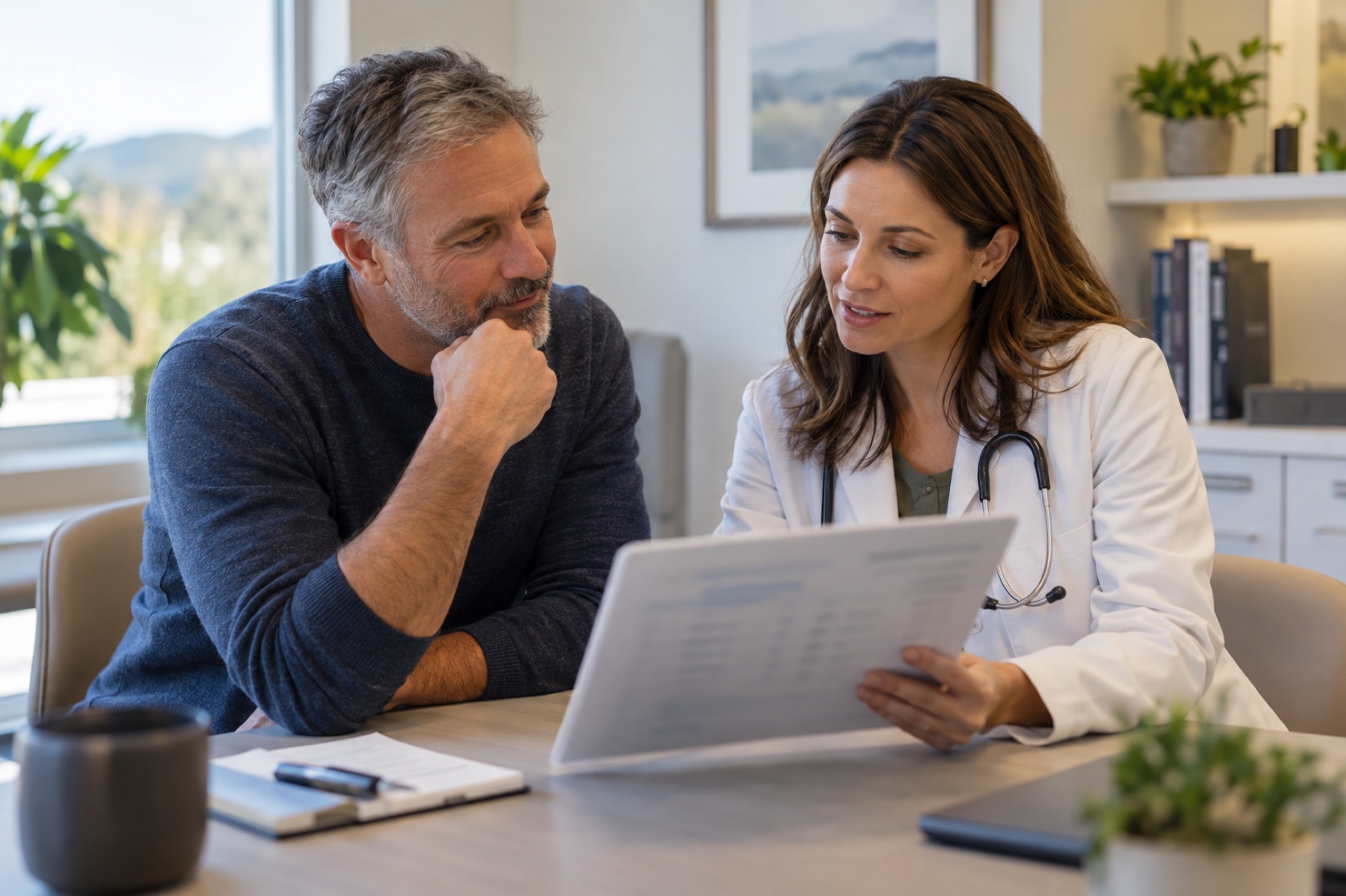 A patient and clinician review a blurred lab summary together.