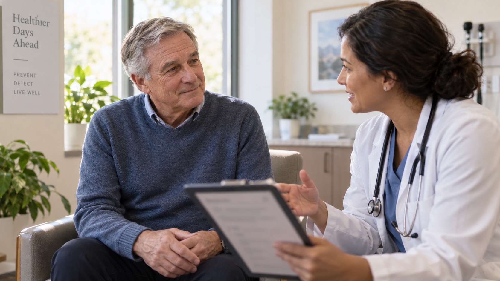 A man discusses a blurred appointment checklist with a clinician.