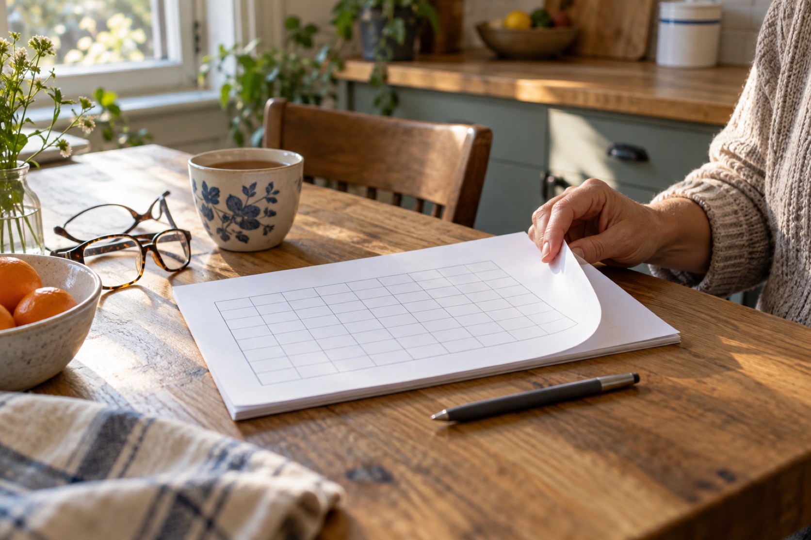 A hand turns a page of a blank paper tracker on a kitchen table.