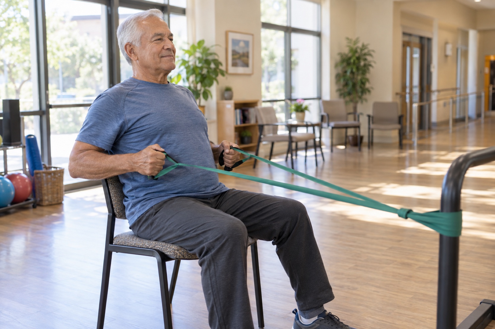 An older man performs a seated resistance-band row in a bright room.