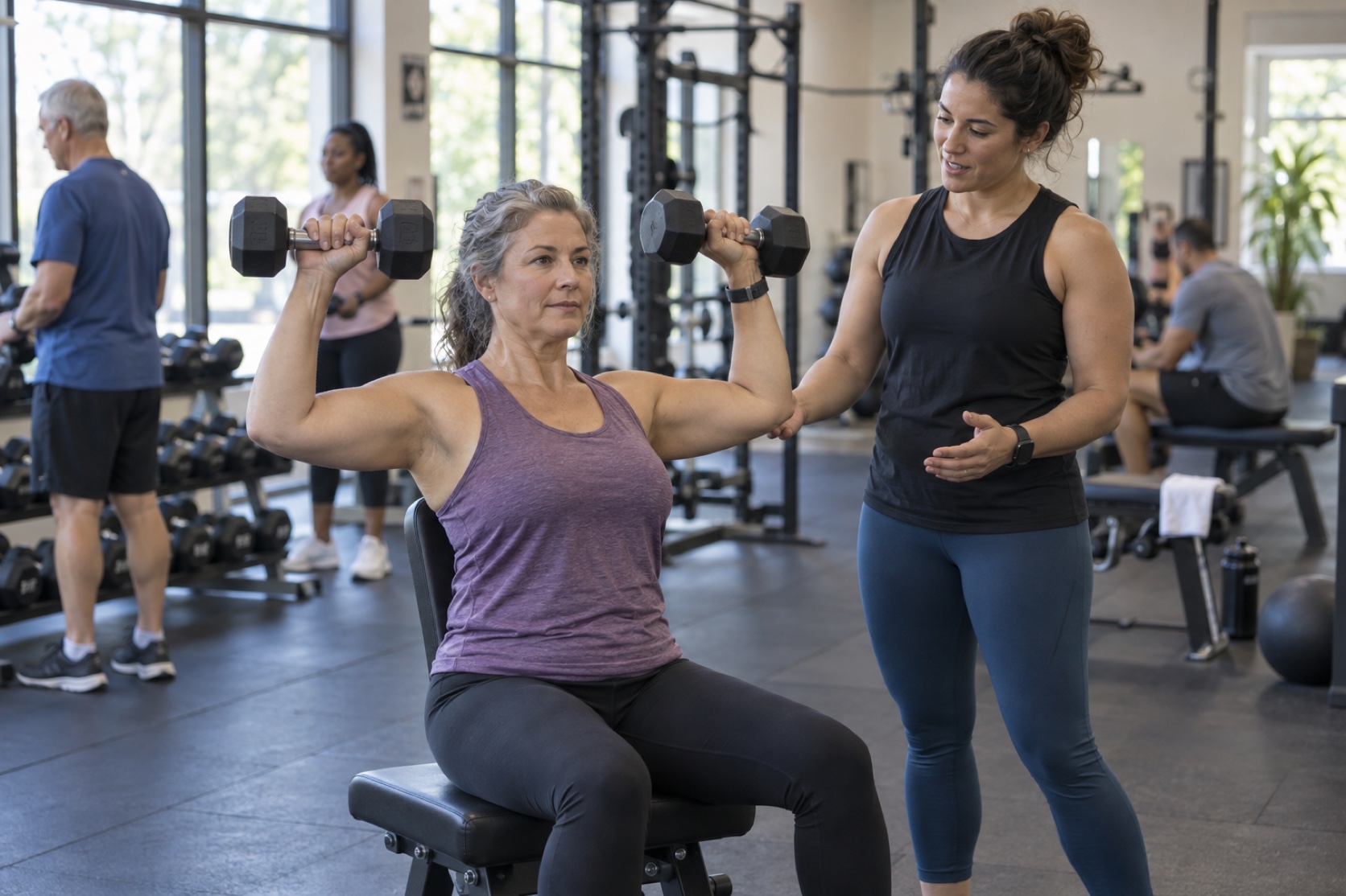 A woman performs a moderate seated dumbbell press with a coach nearby.