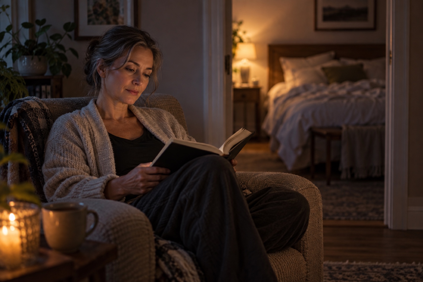 A woman reads quietly in a chair near a softly lit bedroom.