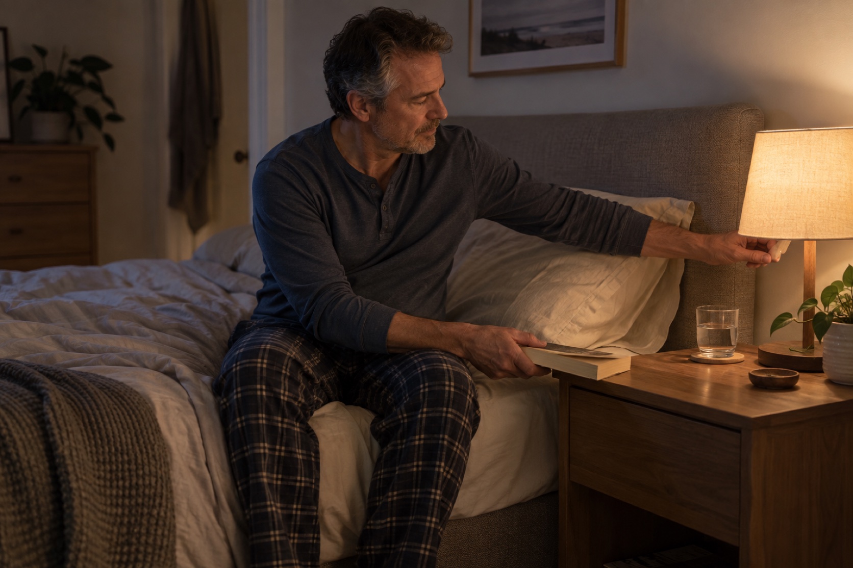 A man dims a bedside lamp in a quiet bedroom.