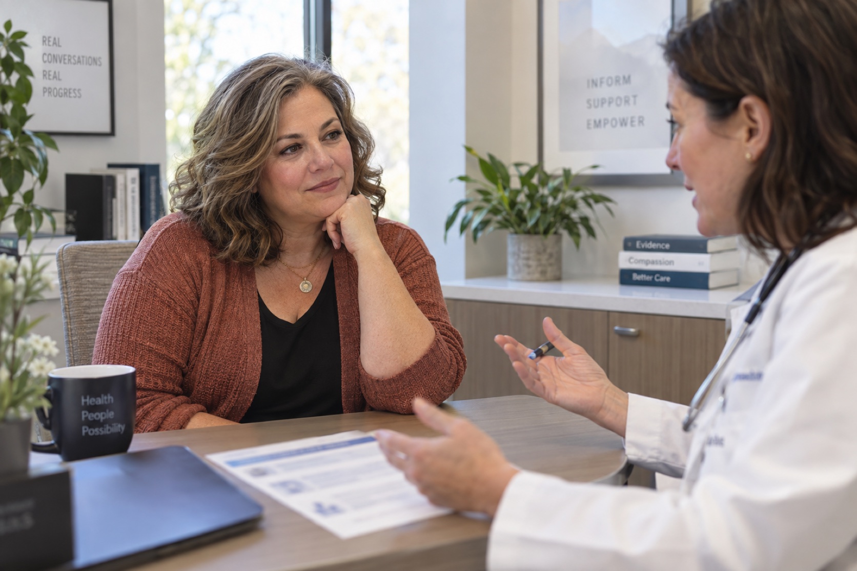 A woman discusses a blurred treatment information sheet with a clinician.