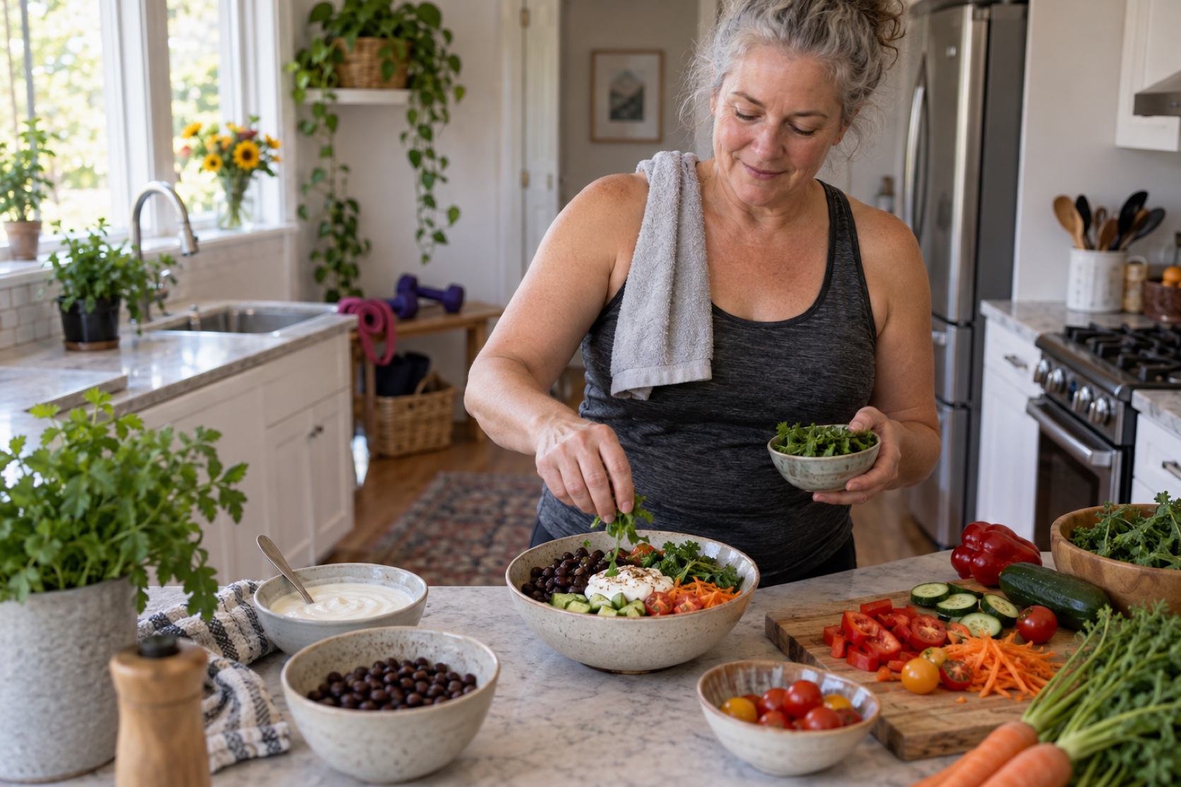 A woman prepares a meal with beans, yogurt, and vegetables after moderate exercise.