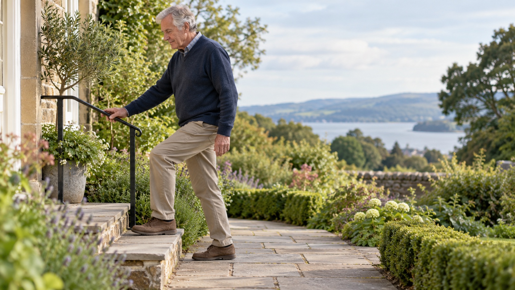 A man in his early seventies steps up onto a low garden step beside a rail.