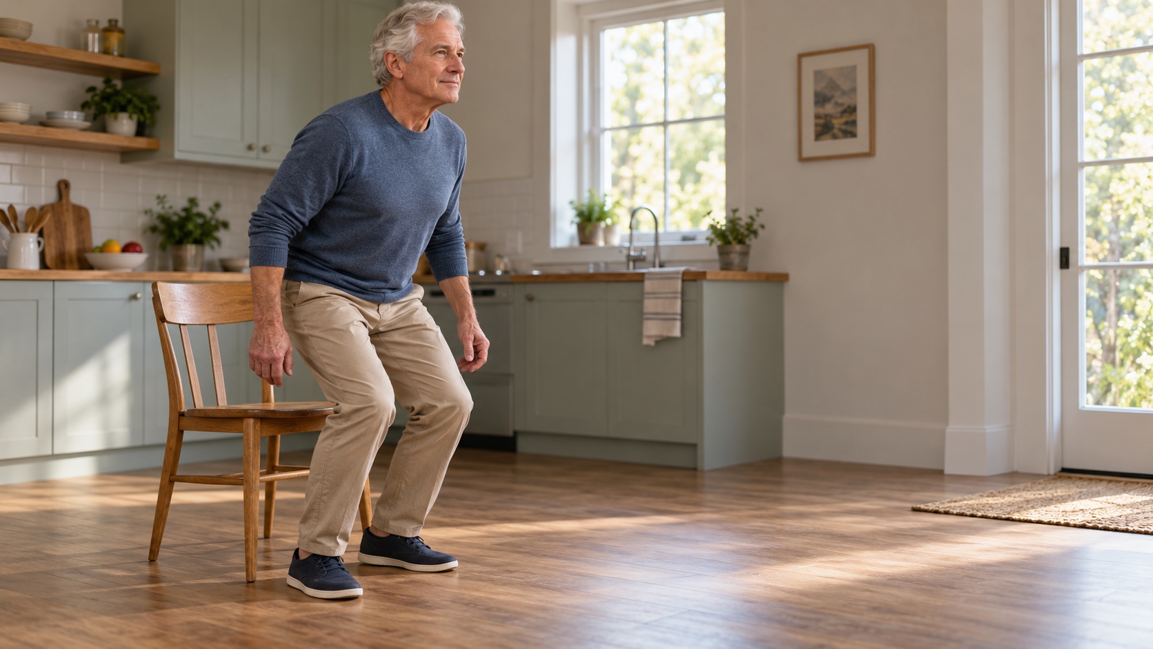 A man in his sixties rises briskly from a plain kitchen chair.